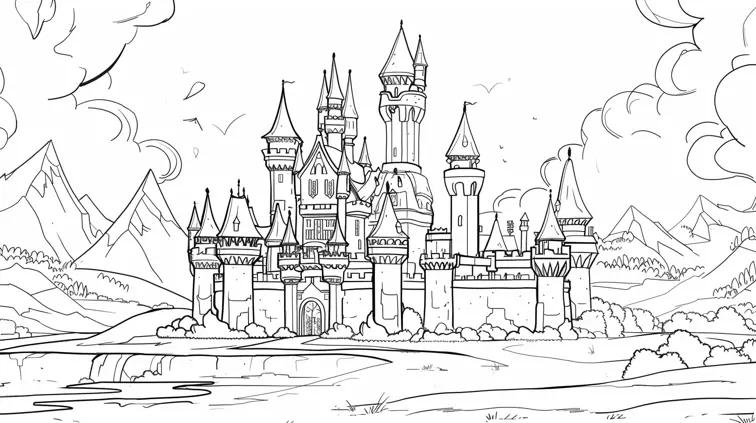 Image with black lines on a white background, illustrating a fantasy castle suited for coloring in. Large, closed shapes, coloring book style, no solid fill --s 40