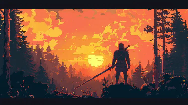 Pixel art scene of a knight in a forest during sunset with a warm color scheme and a sword, pixelated, retro, 8-bit, blocky, vintage