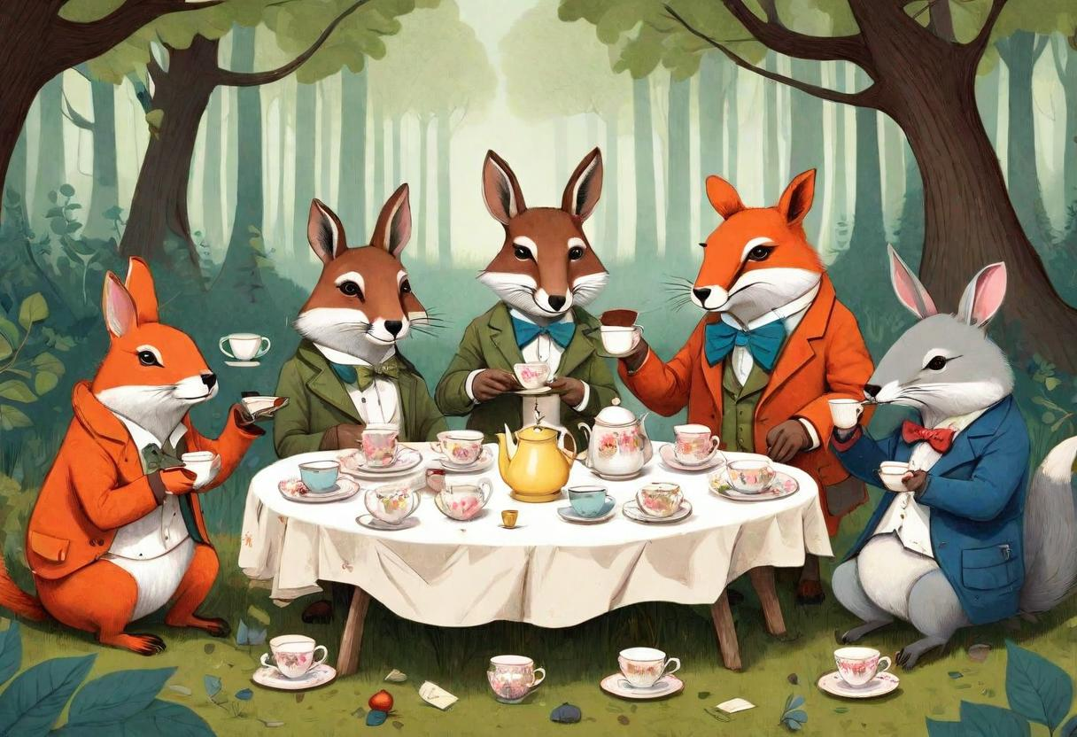 Image example from BlueWillow showing animals having tea in the forest.