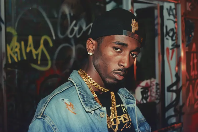 A 90's style musician poster featuring Tupac Shakur with a blurry background of urban streets, thowing a "westside" hand symbol, retro, vintage, graphic, nostalgic, poster art