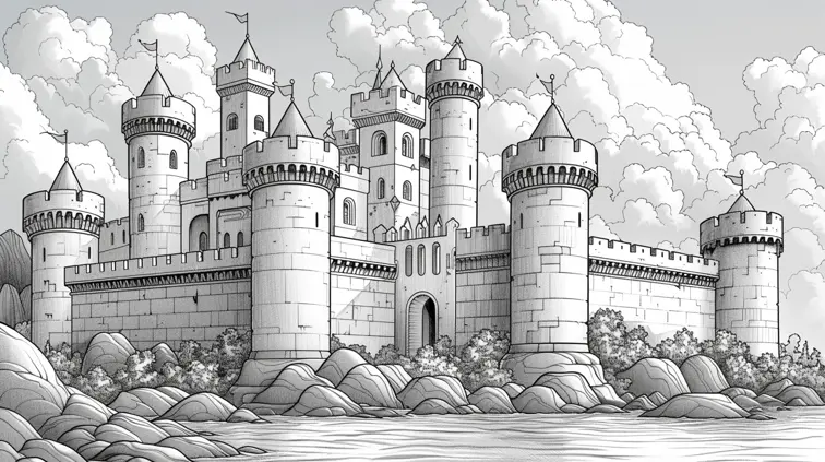 Image with black lines on a white background, illustrating a fantasy castle suited for coloring in. Large, closed shapes, coloring book style, no solid fill --s 1000