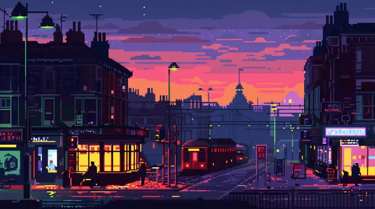 Pixel art scene of a city in the evening during twilight with a neon color scheme and bustling streets, pixelated retro game styles.