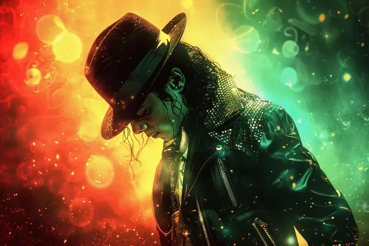 A 90's style musician poster featuring Michael Jackson with a blurry background of a stage, incorporating a fedora hat and single glove, and Jackson's distinctive moonwalk silhouette logo, retro, vintage, graphic, nostalgic, poster art