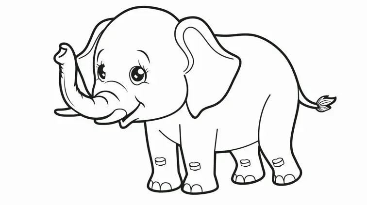 Image with black lines on a white background, illustrating a friendly cartoon elephant suited for coloring in. Large, closed shapes, coloring book style, no solid fill