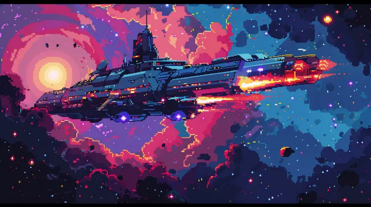 Stunning pixel art scene of a spaceship in a galaxy during night with a cool color scheme and stars, pixelated, retro, 8-bit imagery