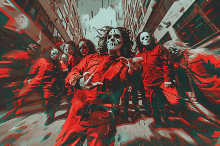 A 90's style musician poster featuring Slipknot with a blurry background of a mosh pit, incorporating their iconic masks and jumpsuits, and Slipknot's distinctive nonagram logo, retro, vintage, graphic, nostalgic, poster art