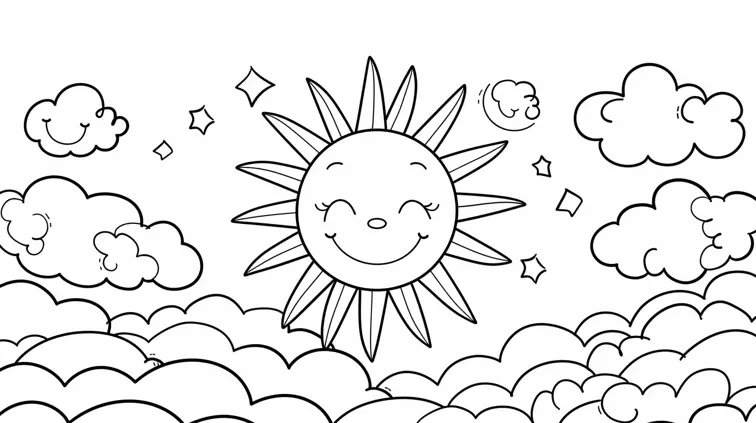 Clean line art of a smiling sun and fluffy clouds, perfect for a coloring book page. Thick outlines and ample white space for easy coloring