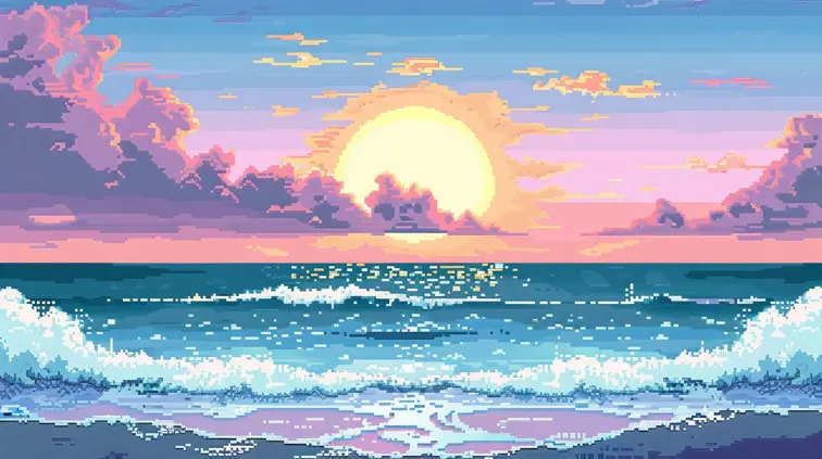 AI pixel art scene of a beach in the morning during sunrise with a pastel color scheme and waves showing pixelated 8-bit traits.
