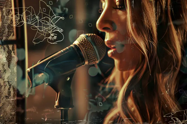 A 90's style musician poster featuring Mariah Carey with a blurry background of a recording studio, incorporating a microphone and butterfly motif, and Carey's distinctive cursive initial logo, retro, vintage, graphic, nostalgic, poster art