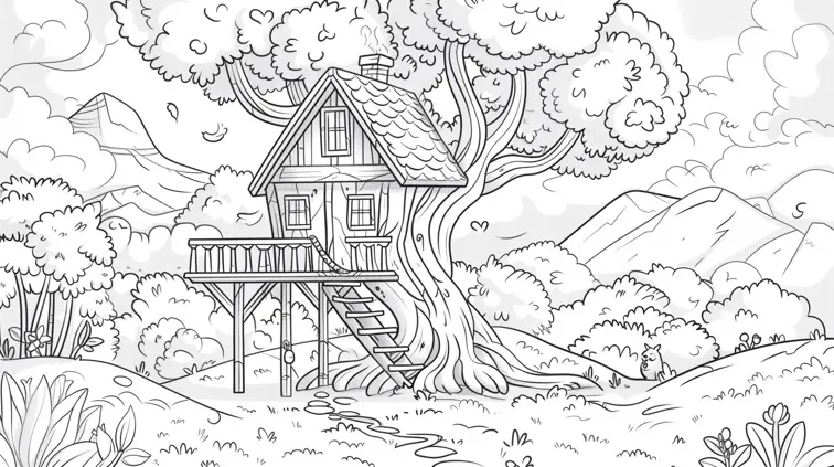 Coloring page featuring a whimsical tree house with simple details, cartoon style. Bold lines and low detail, ideal for kids' coloring books