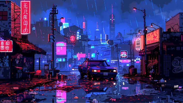 A cyberpunk cityscape at night, neon lights reflecting in puddles, 16-bit style.
