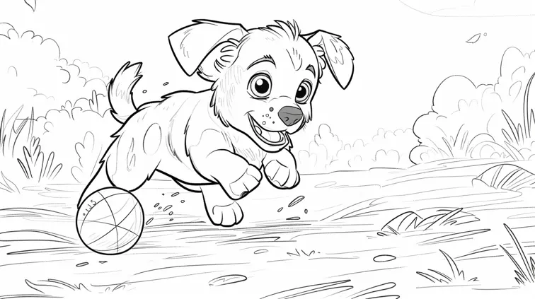 Line art of a playful puppy chasing a ball, designed as a coloring book page. Large shapes with thin outlines, plenty of white space