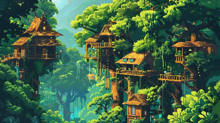 An isometric pixel art treehouse village in a vibrant jungle, teeming with exotic wildlife.
