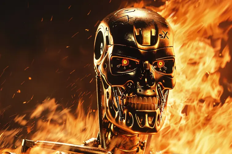Terminator 2: Judgment Day: A gritty movie poster featuring the T-800 emerging from flames, with a metallic skull partially visible beneath his face, dystopian, futuristic, action-packed, groundbreaking special effects