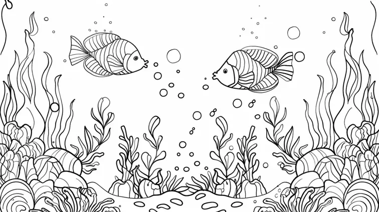 Cartoon-style underwater scene with fish and seaweed, perfect for a coloring book. Clean line art with no solid fill, easy-to-color shapes