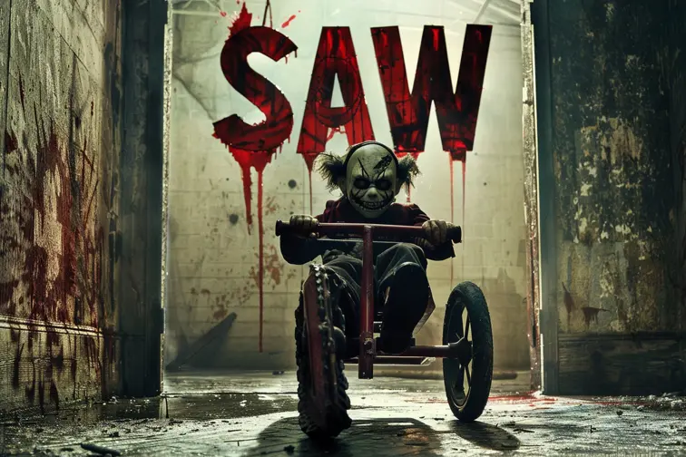 SAW: A disturbing movie poster displaying the creepy puppet Billy on a tricycle, surrounded by ominous shadows and torture devices, incorporating the jagged "SAW" title, unsettling, psychological horror, shocking, franchise-launching