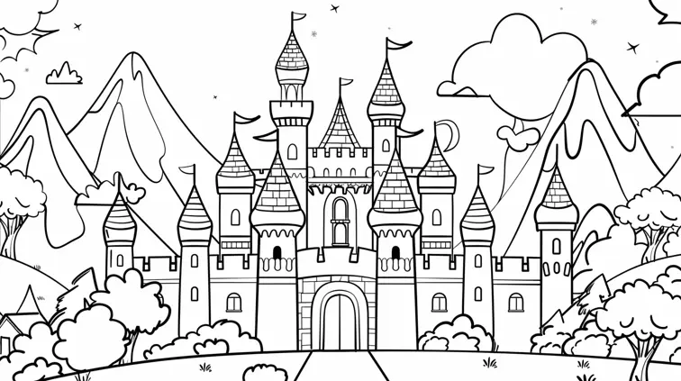 Image with black lines on a white background, illustrating a fairy tale castle suited for coloring in. Coloring book style with large, closed shapes