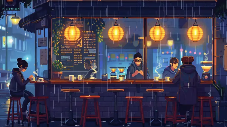 A cozy pixel art café with steaming coffee cups and patrons, viewed through a rainy window.