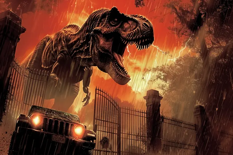 Jurassic Park: An awe-inspiring movie poster featuring the T-Rex silhouette against the iconic park gates, with a jeep fleeing in the foreground, groundbreaking, thrilling, prehistoric wonder, blockbuster