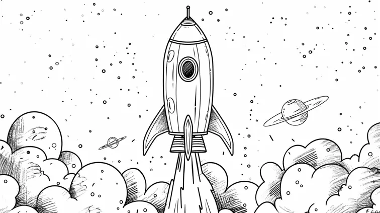 Line art of a rocket ship blasting off into space, designed for a kids' coloring book. Bold lines and simple shapes for easy coloring