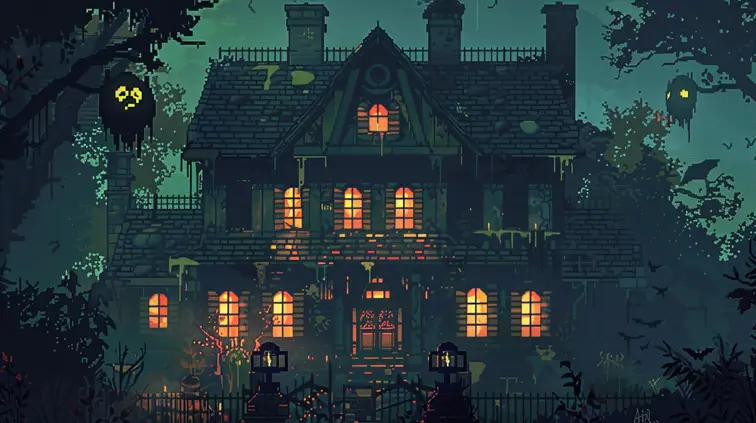 A spooky pixel art haunted house with glowing windows and creepy creatures lurking in the shadows.