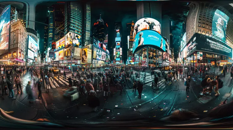 360-degree panoramic view of a bustling Times Square compressed into a single frame, as if captured by an impossible rotating camera