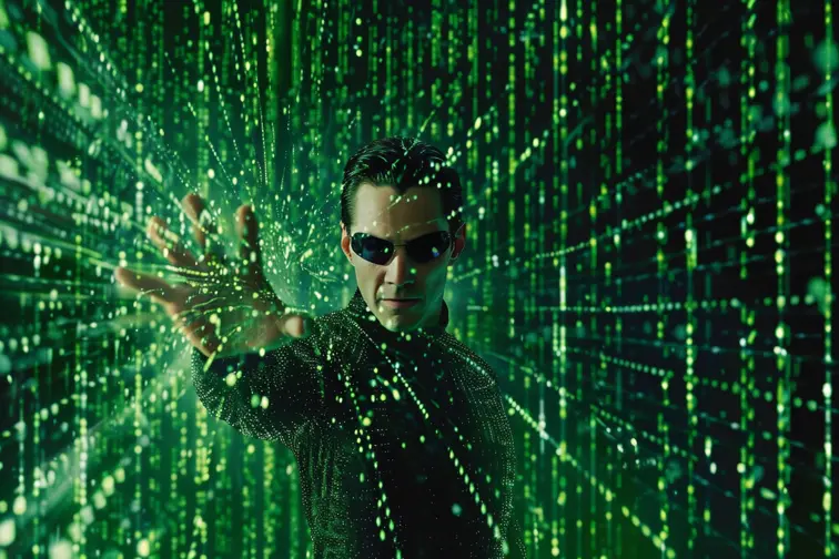 The Matrix: A mind-bending movie poster showcasing Neo dodging bullets in slow-motion, surrounded by cascading green code, cyberpunk, philosophical, revolutionary visual effects, reality-questioning