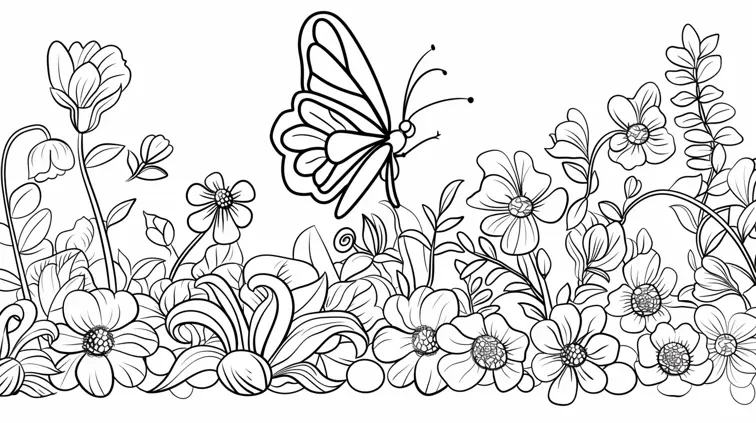 Clean line art of a butterfly garden with flowers, perfect for a coloring page. Cartoon style with thick outlines and ample white space