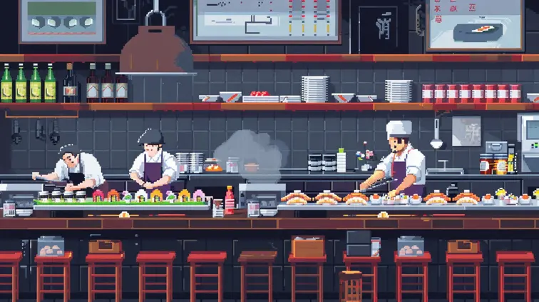 16-bit style pixel art sushi conveyor belt restaurant with quirky patrons and chefs.