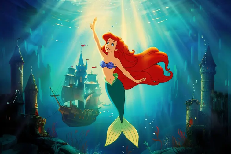 The Little Mermaid: A magical movie poster featuring Ariel swimming upwards towards the surface, her vibrant red hair flowing, with Flounder and Sebastian by her side, underwater kingdom in the background with Atlantica's castle, silhouette of Prince Eric's ship above, enchanting, colorful, musical adventure, timeless animation