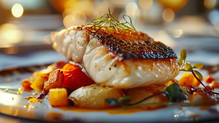 A tempting close-up of a luxuriously plated grilled fish and chips dish, styled by a professional and captured with soft, directional lighting using a Nikon Z7 at 105mm, showcasing high-end gourmet cuisine in an elegant, centered composition.