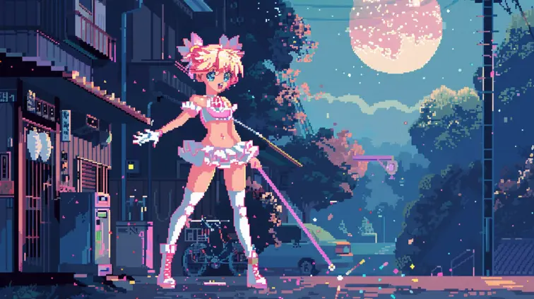 Animated pixel sprite of a magical girl transformation sequence, inspired by 90s anime.