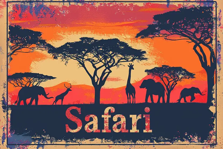 A vibrant travel poster featuring the African savanna with a sunset backdrop, incorporating silhouettes of acacia trees and wildlife, and a stylized "Safari" text, vintage, graphic, adventurous, poster art