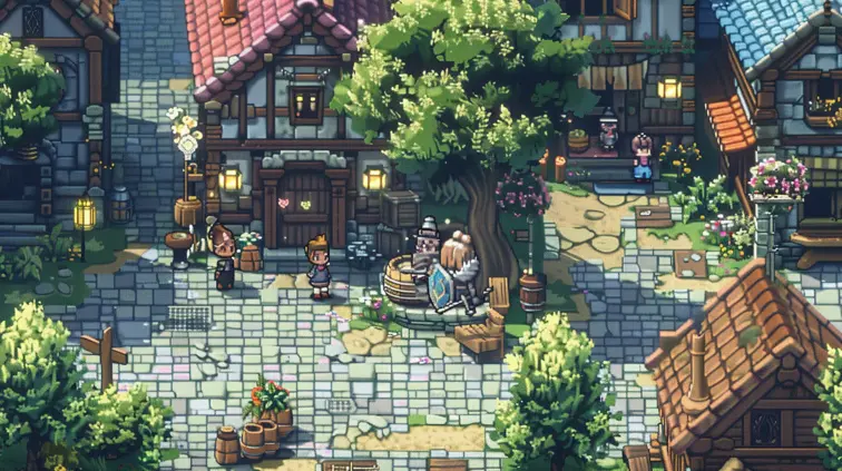 16-bit style RPG town square with NPCs, shops, and a quest-giving elder under a pixelated tree.