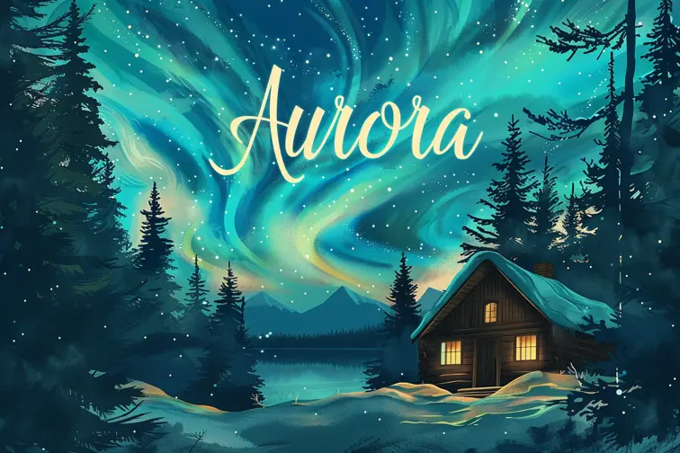 A captivating travel poster featuring the Northern Lights dancing over a Scandinavian fjord, incorporating silhouettes of pine trees and a traditional wooden cabin, "Aurora" text, enchanting, ethereal, poster art