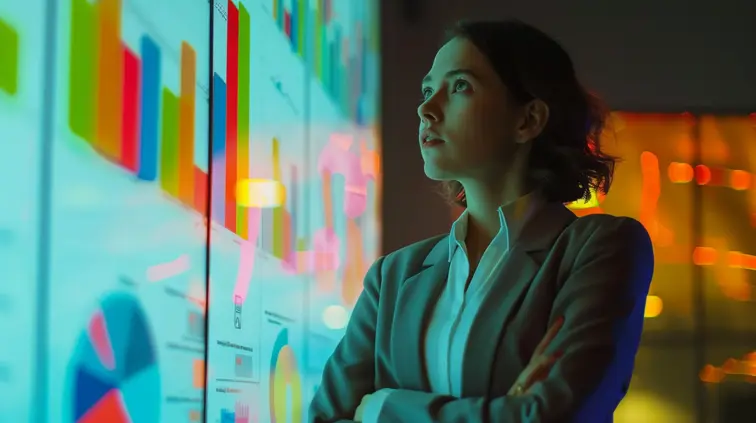 Candid shot of a businesswoman in a crisp suit confidently presents a whiteboard covered in colorful graphs and charts, cinematic lighting
