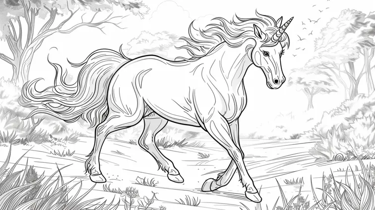 Line art of a magical unicorn prancing through a meadow. Clean, bold lines and large areas to color, perfect for a children's coloring book.