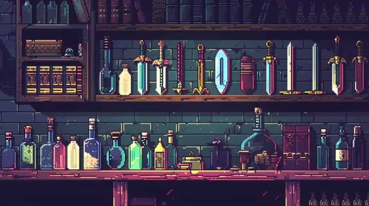 8-bit style adventure game inventory screen filled with pixel swords, potions, and mysterious artifacts.