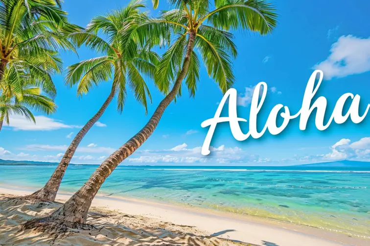 An enticing travel poster showcasing a tropical beach paradise with swaying palm trees and turquoise waters, "Aloha" text, relaxing, paradise, poster art