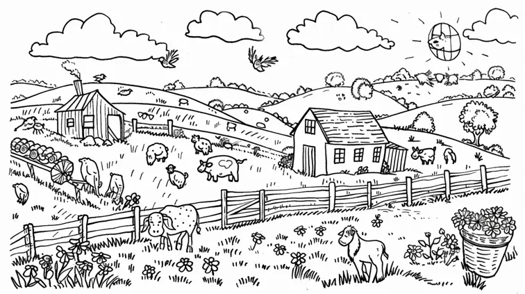 Image with black lines on a white background, illustrating a busy farm scene suited for coloring in. Coloring book style with various animals and simple farm elements.