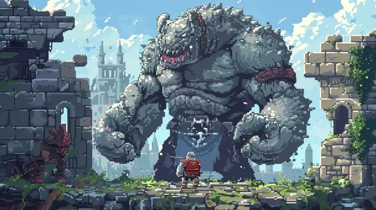 Retro pixel art boss battle featuring a giant monster and a tiny hero in a crumbling castle setting.