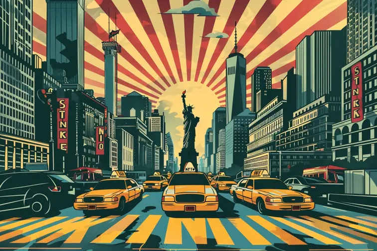 A dynamic travel poster depicting an iconic cityscape with art deco elements and a rising sun, incorporating yellow taxis and the Statue of Liberty silhouette, "NYC" text, energetic, iconic, poster art