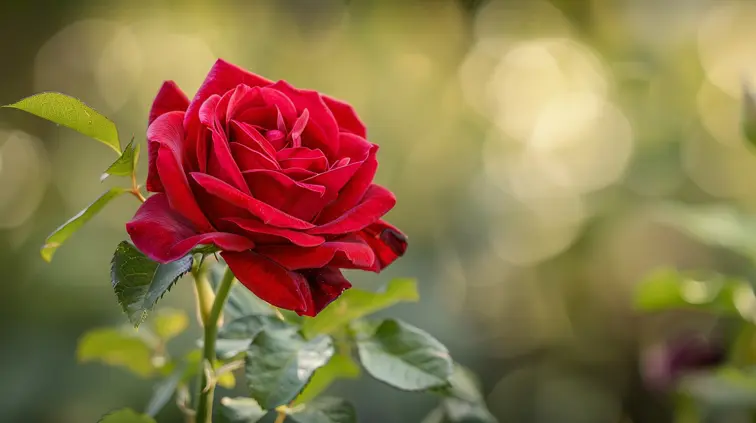 Close-up of a vibrant red rose with razor-sharp focus, set against a creamy, out-of-focus garden background