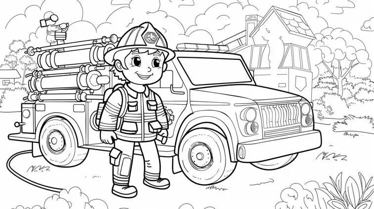 Cartoon-style firefighter and fire truck, designed as a coloring page. Thick outlines and low detail, ideal for young children's coloring books.