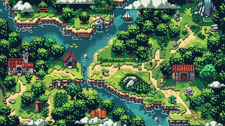 16-bit inspired pixel art overworld map with various terrains, secret locations, and a player character icon.