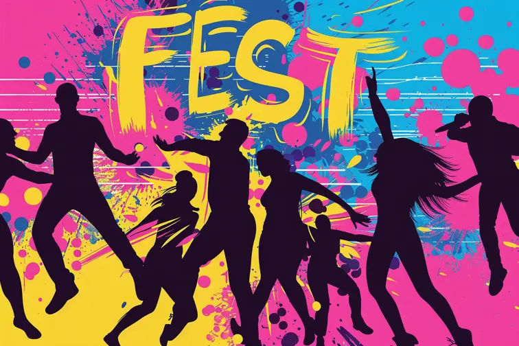 A bold music festival poster with vibrant sound waves, silhouettes of dancing figures, and "FEST" text, energetic, colorful, poster art