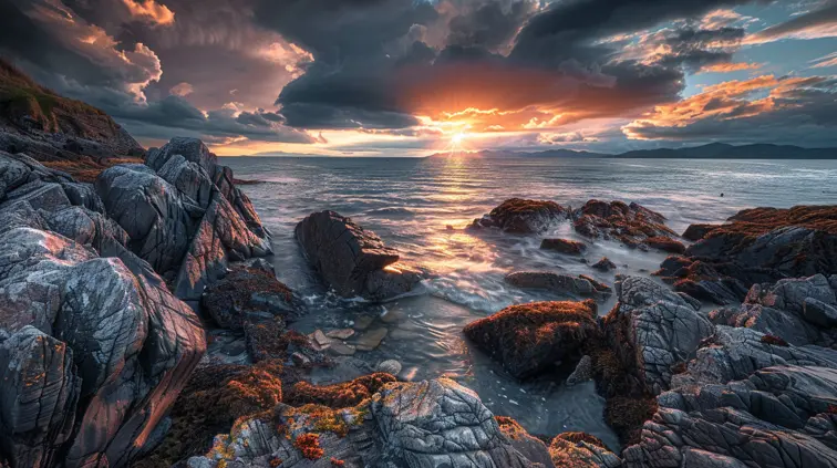 Dramatic sunset over a rocky coastline, utilizing HDR technique to capture detail in both the bright sky and shadowy rocks