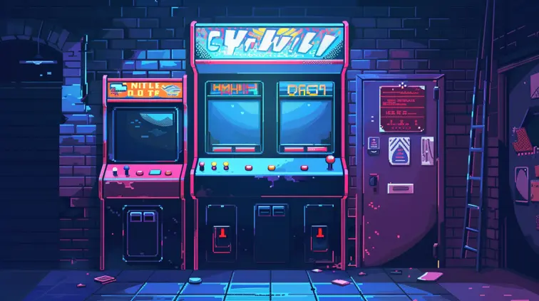 Nostalgic pixel art game over screen with flashing text and options to continue or quit, in classic arcade style.