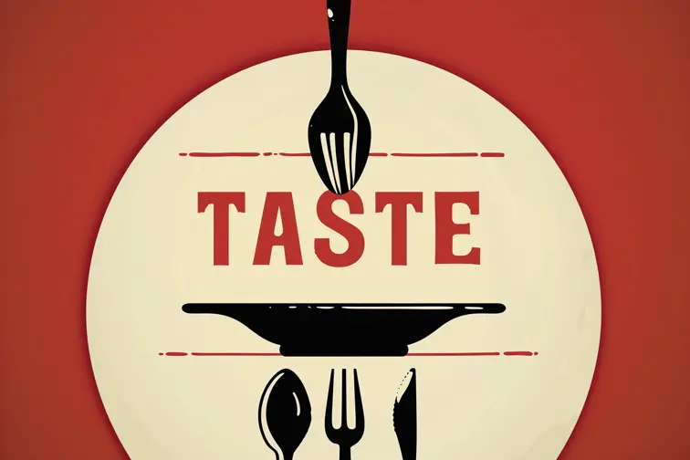 A minimalist food fair poster featuring stylized utensils, a plate silhouette, and "TASTE" text, appetizing, clean, poster art.