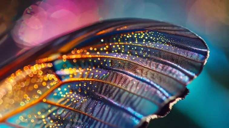 Extreme close-up by Oliver Dum, magnified view of a butterfly wing occupying the frame, the camera focuses closely on the object with the background blurred. The image is lit with natural sunlight, enhancing the vivid textures and iridescent colors.